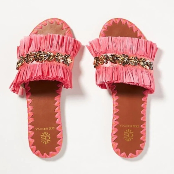 Anthropologie Pink De Siena Embellished Raffia Slide Sandals EU 36 - Picture 1 of 2